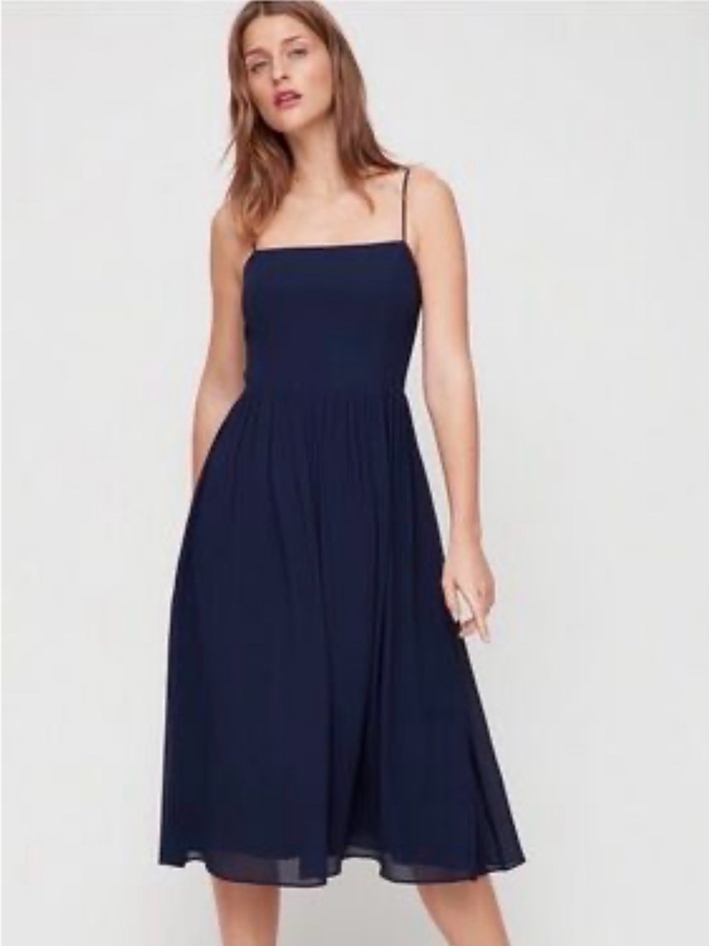 Aritzia Babaton Navy Square-Neck Midi Dress with Spaghetti Straps SZ 2
